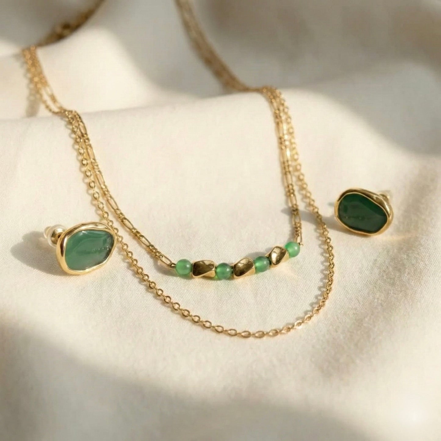Emerald Whisper Duo | Layered Necklace & Green Enamel Studs