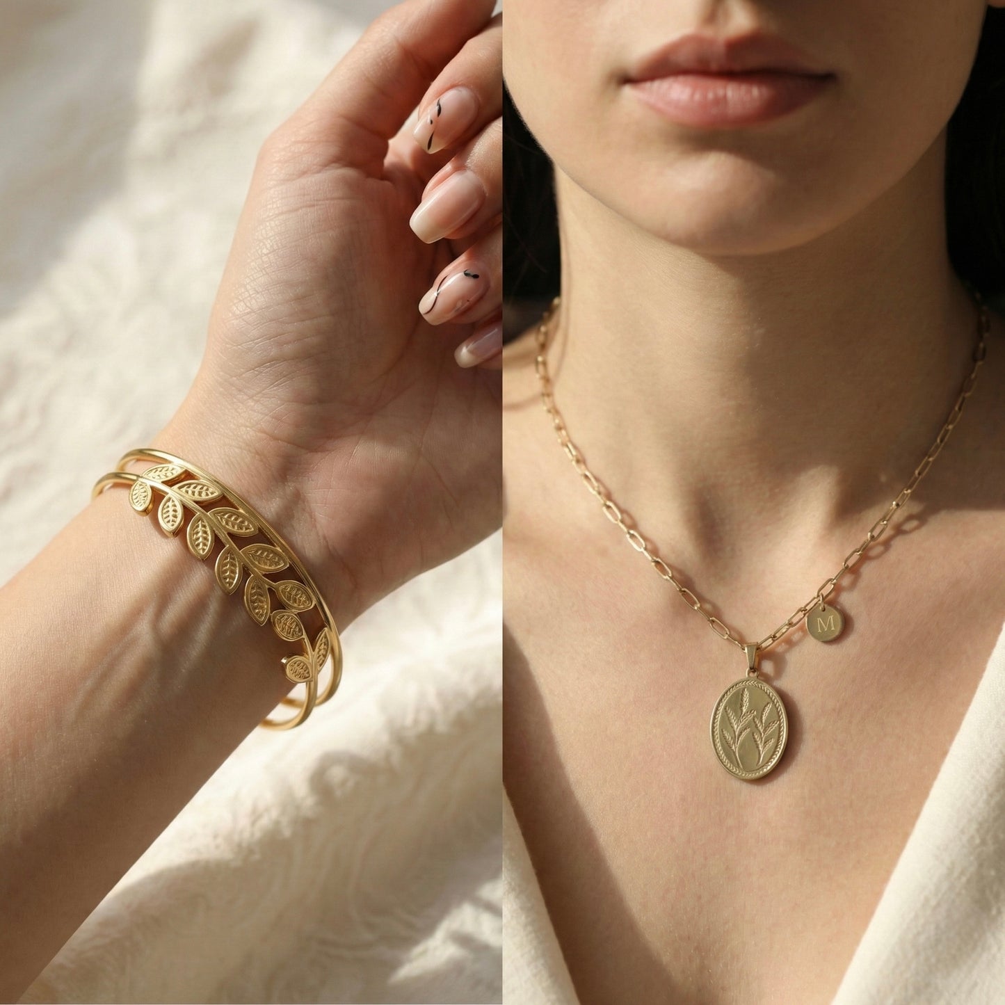 Golden Wheat Ensemble – Leaf Coin Necklace & Golden Leaf Cuff Set