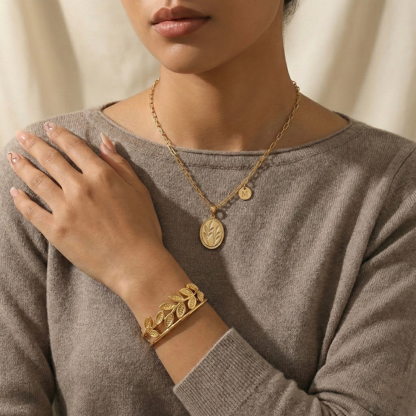 Golden Wheat Ensemble – Leaf Coin Necklace & Golden Leaf Cuff Set