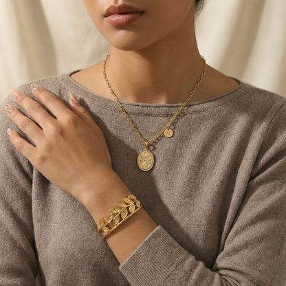 Golden Wheat Ensemble – Leaf Coin Necklace & Golden Leaf Cuff Set
