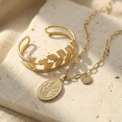 Golden Wheat Ensemble – Leaf Coin Necklace & Golden Leaf Cuff Set