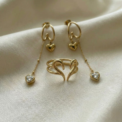 Heart Swirl Elegance | Open Heart Ring & Crystal Chain Earrings Combo