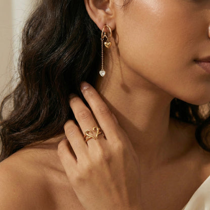 Heart Swirl Elegance | Open Heart Ring & Crystal Chain Earrings Combo