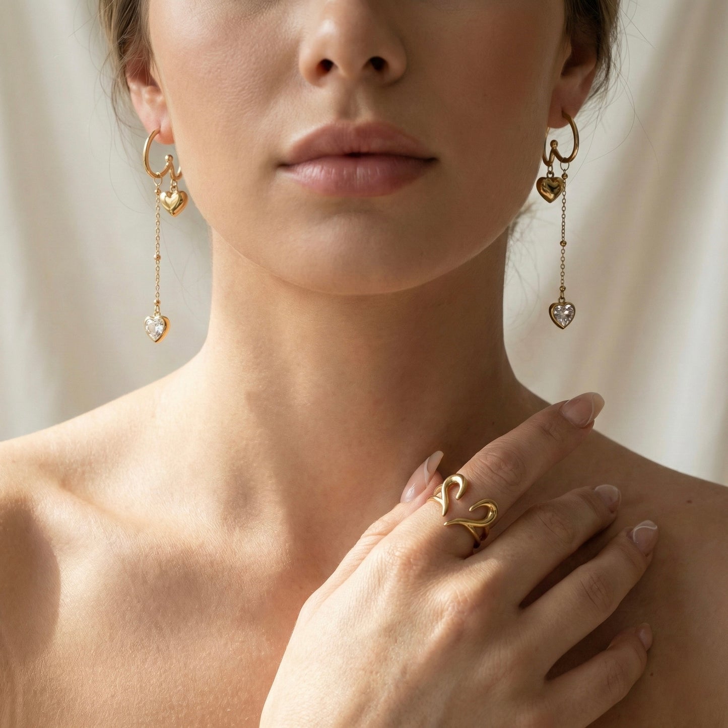 Heart Swirl Elegance | Open Heart Ring & Crystal Chain Earrings Combo