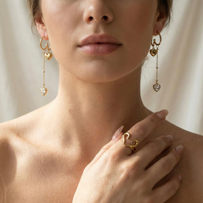 Heart Swirl Elegance | Open Heart Ring & Crystal Chain Earrings Combo