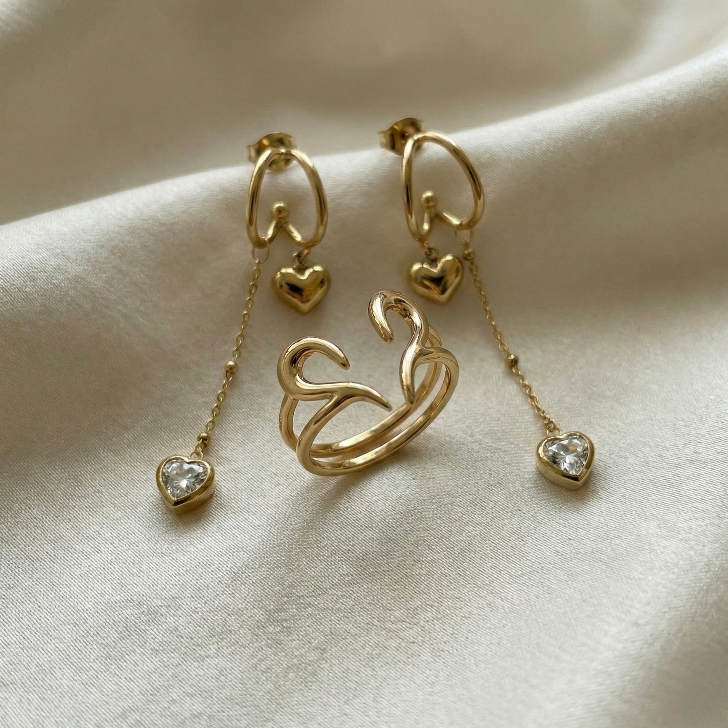 Heart Swirl Elegance | Open Heart Ring & Crystal Chain Earrings Combo
