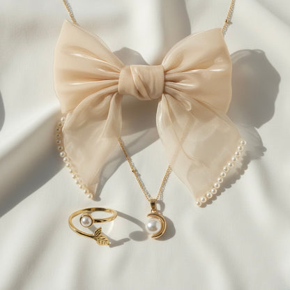Ivory Pearl Harmony Combo | Organza Bow, Pearl Necklace & Ring | MystJuels