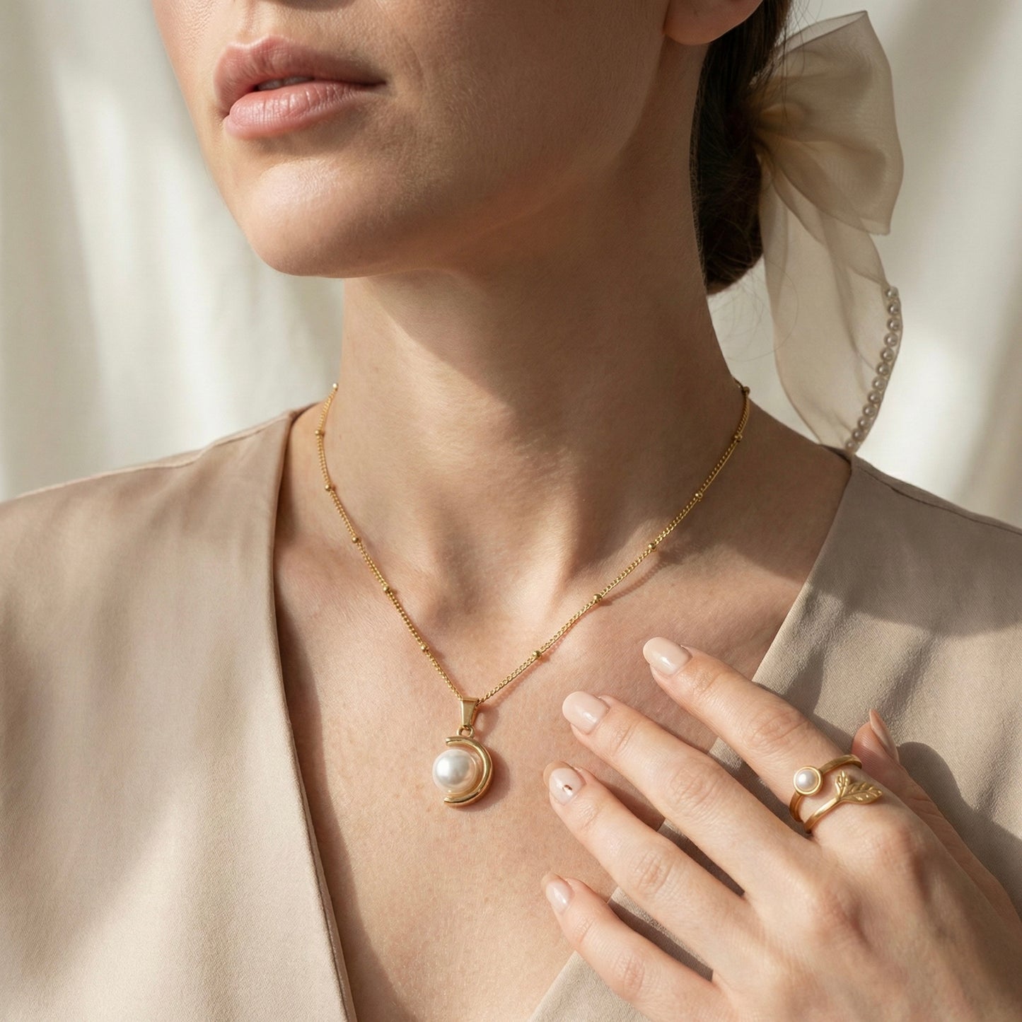 Ivory Pearl Harmony Combo | Organza Bow, Pearl Necklace & Ring | MystJuels