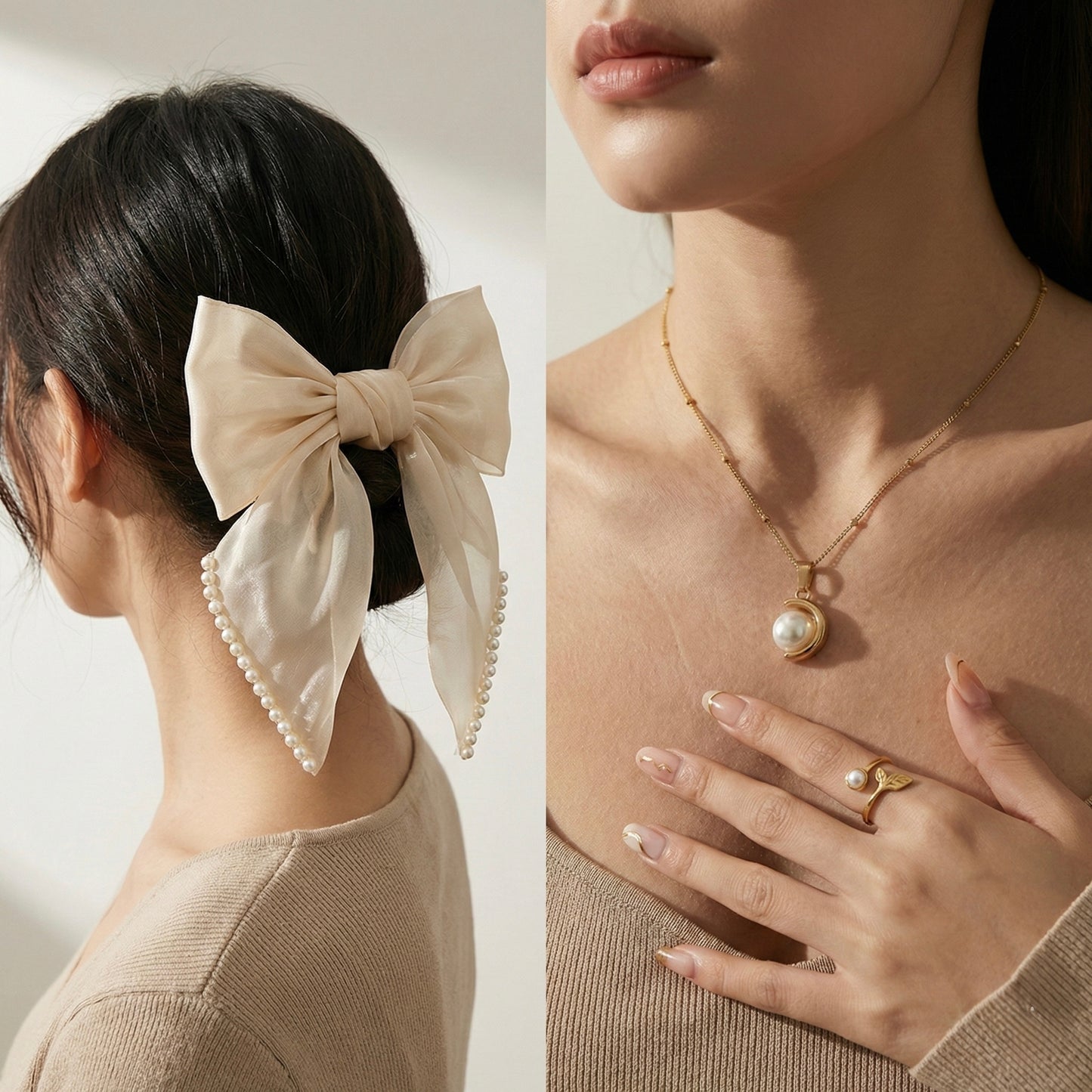 Ivory Pearl Harmony Combo | Organza Bow, Pearl Necklace & Ring | MystJuels