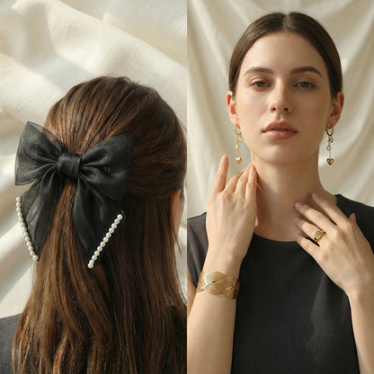Midnight Noir Gala Set | Bow, Heart Earrings, Wave Cuff & Signet Ring