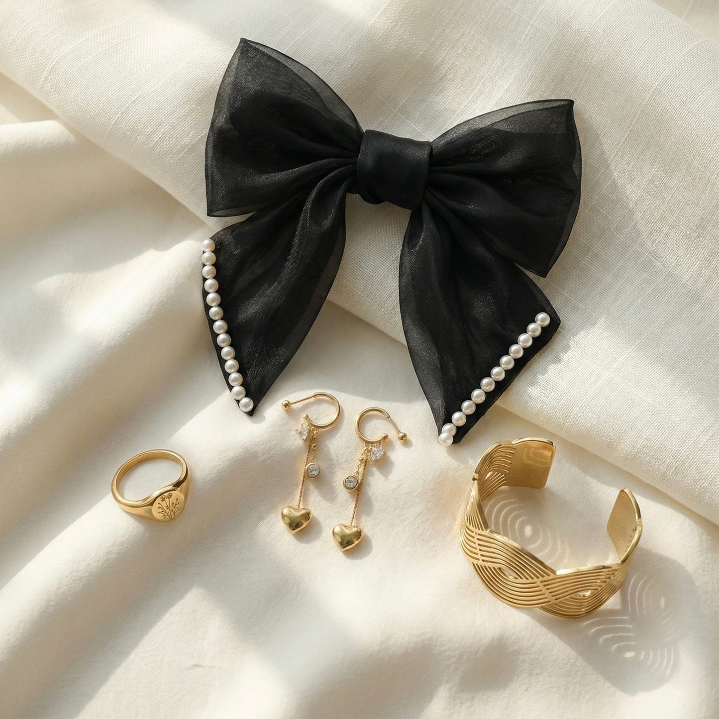 Midnight Noir Gala Set | Bow, Heart Earrings, Wave Cuff & Signet Ring