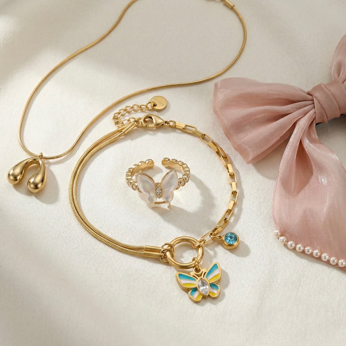 Butterfly Whisper Ensemble Set – Blush Bow & Butterfly Jewellery Combo