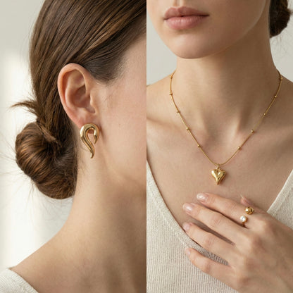 Minimalist Muse Jewelry Set | Heart Necklace, Swirl Studs & Dual Dot Ring
