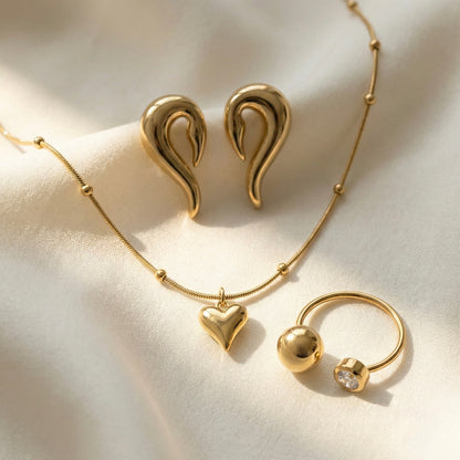Minimalist Muse Jewelry Set | Heart Necklace, Swirl Studs & Dual Dot Ring
