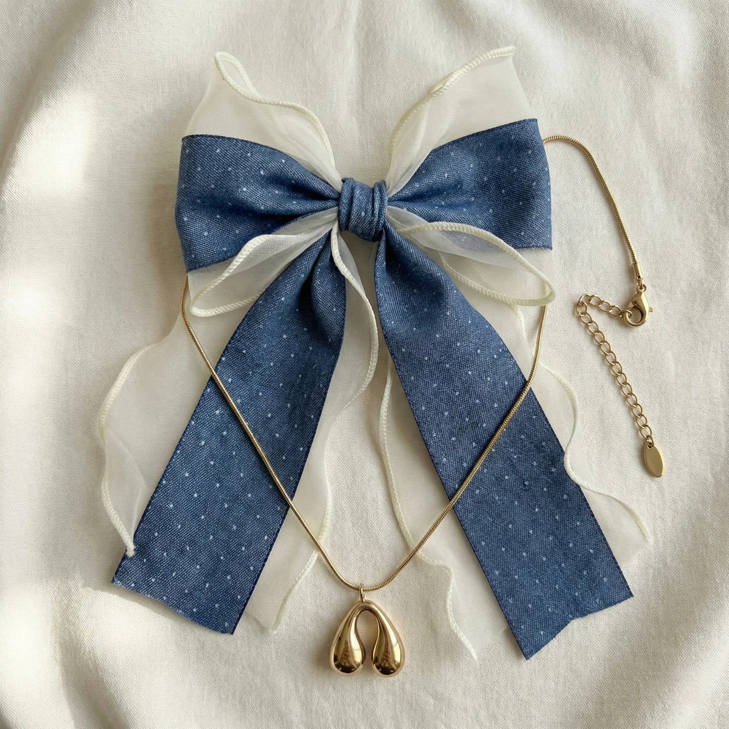 Polka Texture Romantic Set | Organza Bow & Golden Wish Necklace