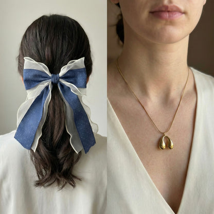 Polka Texture Romantic Set | Organza Bow & Golden Wish Necklace