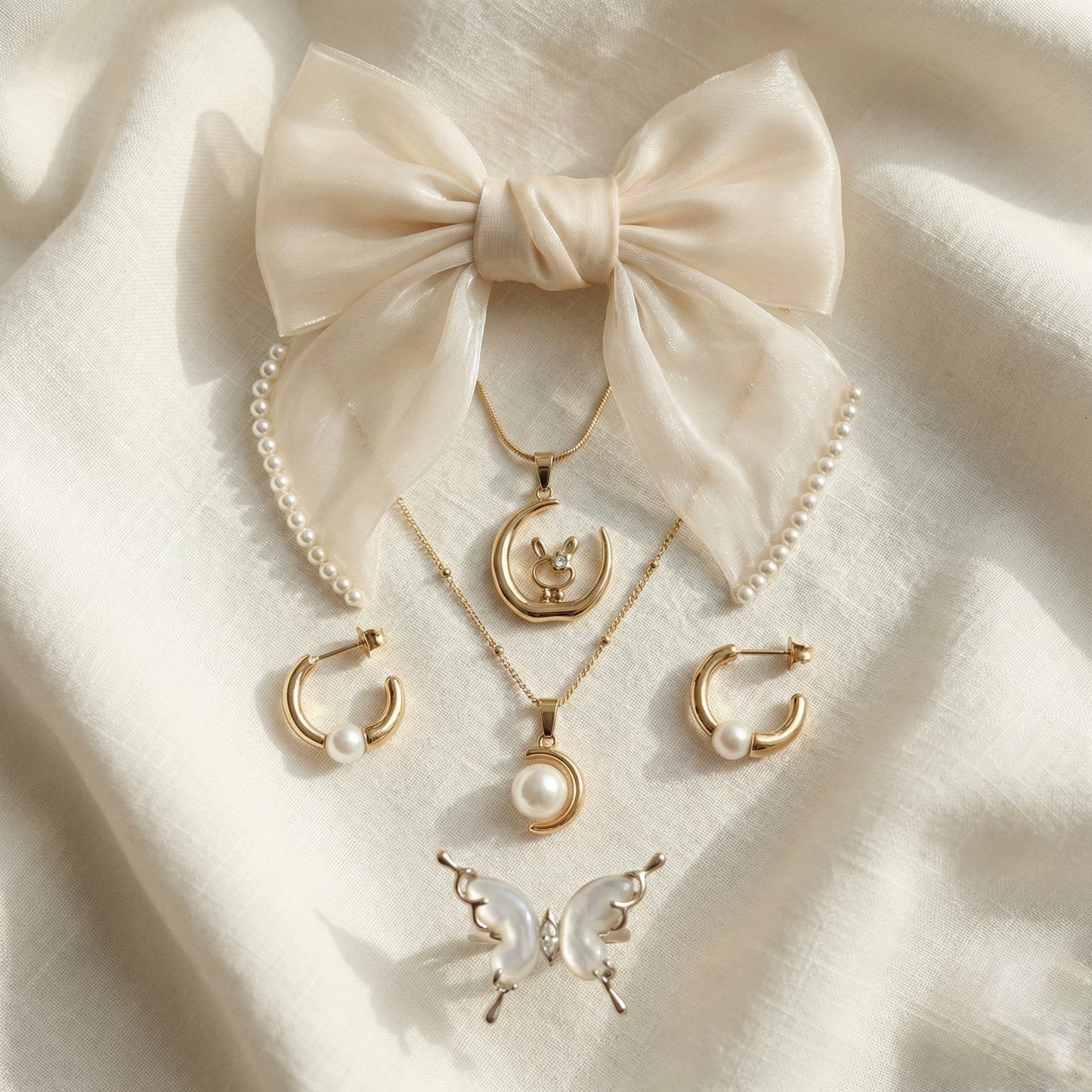Celestial Dreamer Bundle – Moon Bunny, Pearls & Wings Jewellery Set (5-Piece Luxury Combo)