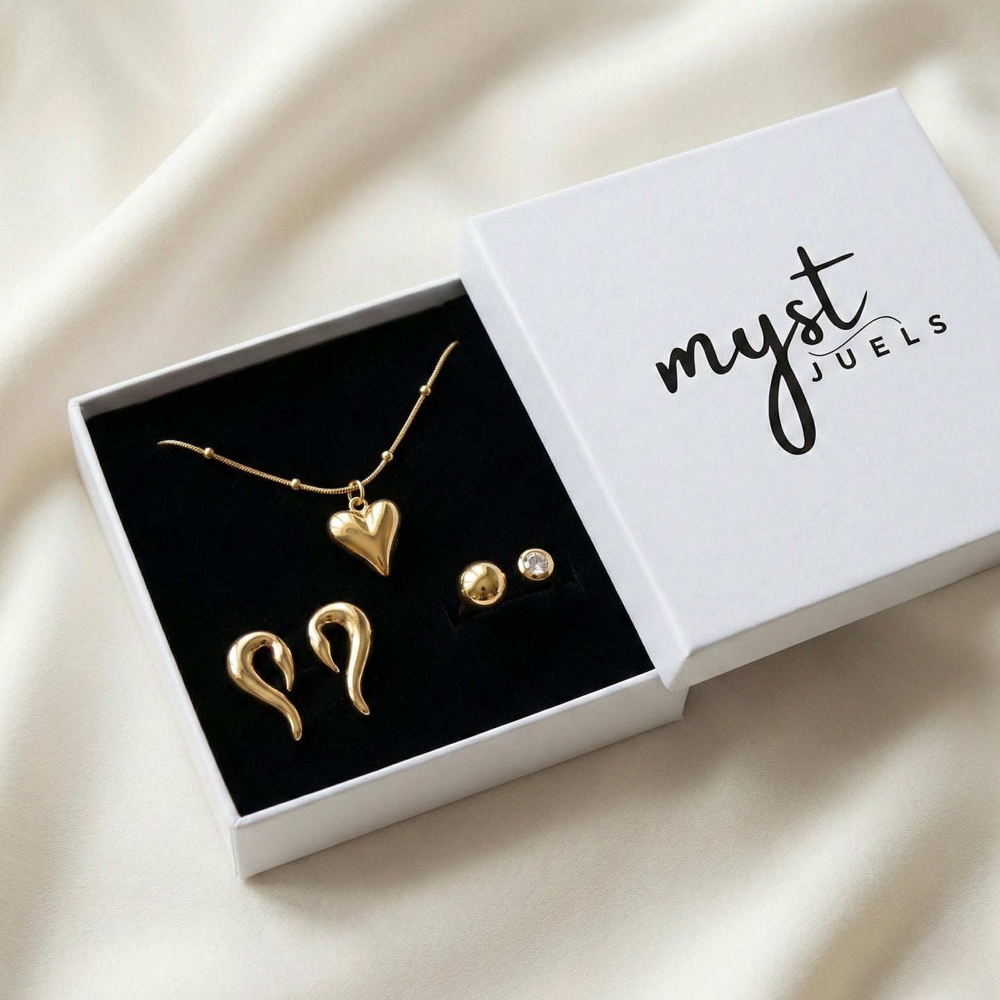 Minimalist Muse Jewelry Set | Heart Necklace, Swirl Studs & Dual Dot Ring