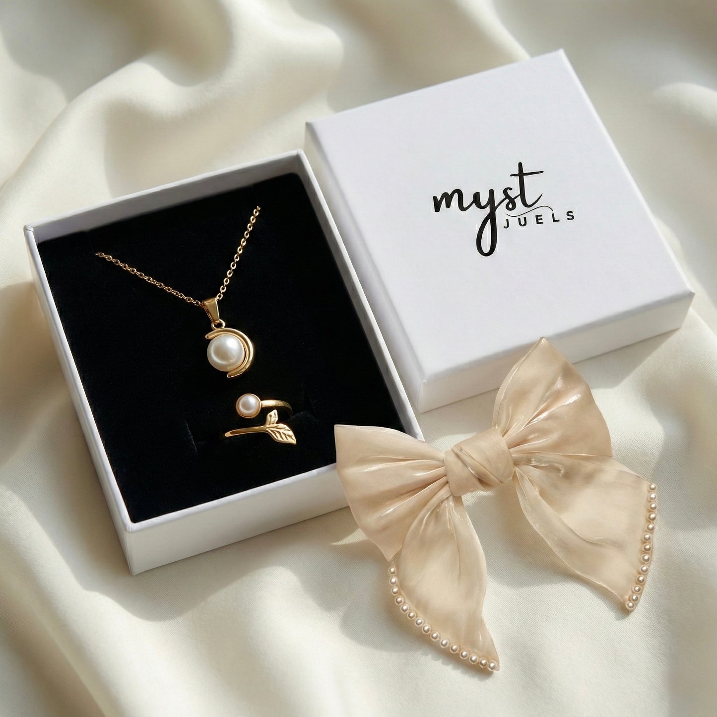 Ivory Pearl Harmony Combo | Organza Bow, Pearl Necklace & Ring | MystJuels