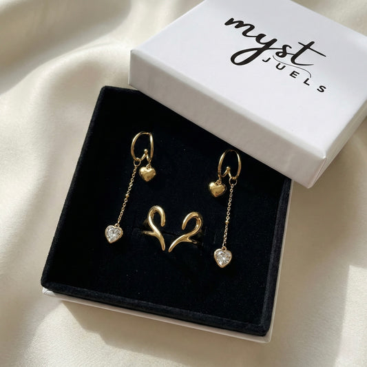 Heart Swirl Elegance | Open Heart Ring & Crystal Chain Earrings Combo