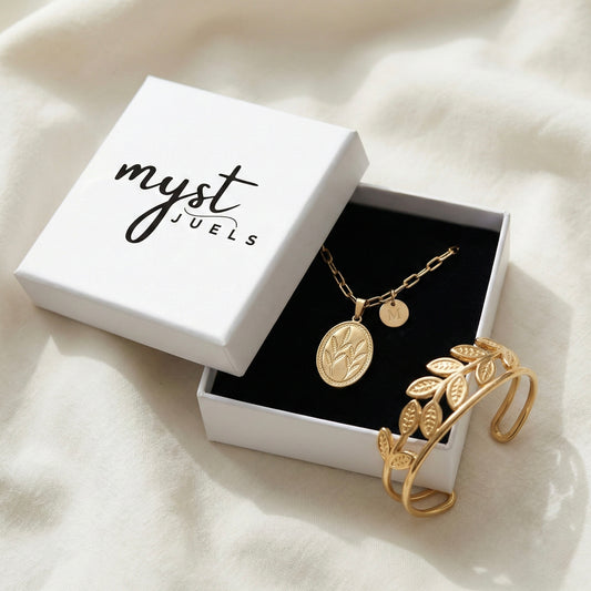 Golden Wheat Ensemble – Leaf Coin Necklace & Golden Leaf Cuff Set