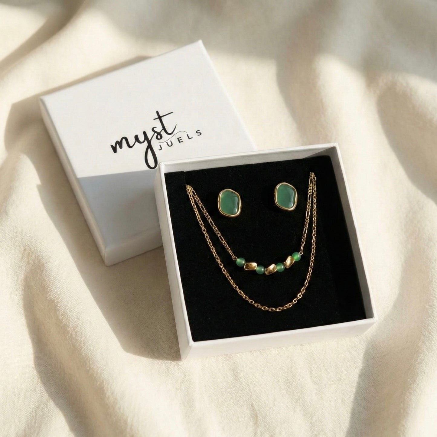 Emerald Whisper Duo | Layered Necklace & Green Enamel Studs