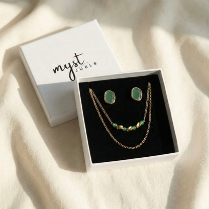 Emerald Whisper Duo | Layered Necklace & Green Enamel Studs