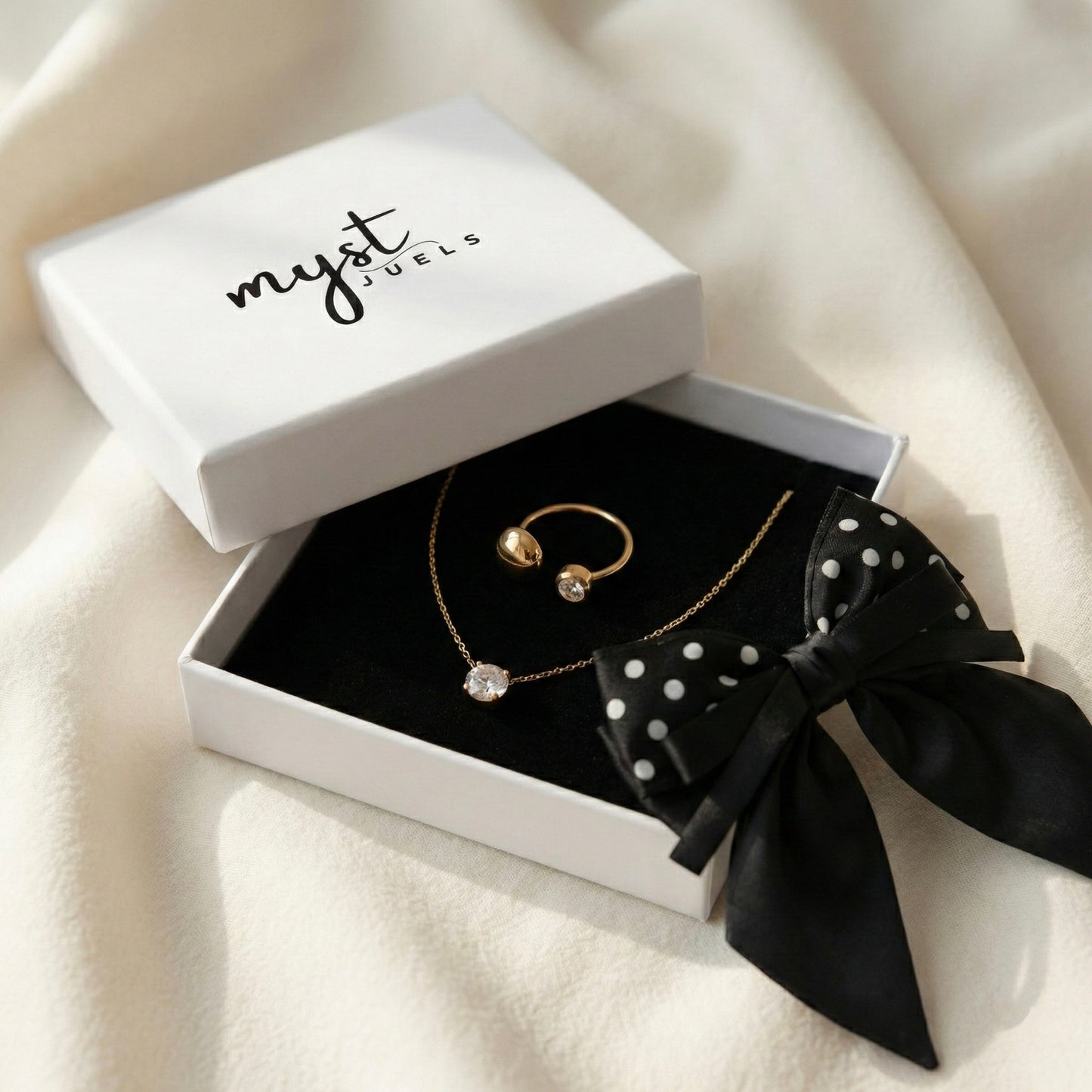 Classic Noir Professional – Black Polka Satin Bow, Single Diamond Necklace & Aura Dual Dot Ring
