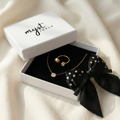 Classic Noir Professional – Black Polka Satin Bow, Single Diamond Necklace & Aura Dual Dot Ring