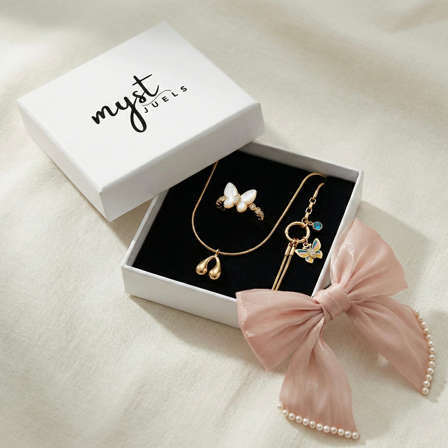 Butterfly Whisper Ensemble Set – Blush Bow & Butterfly Jewellery Combo
