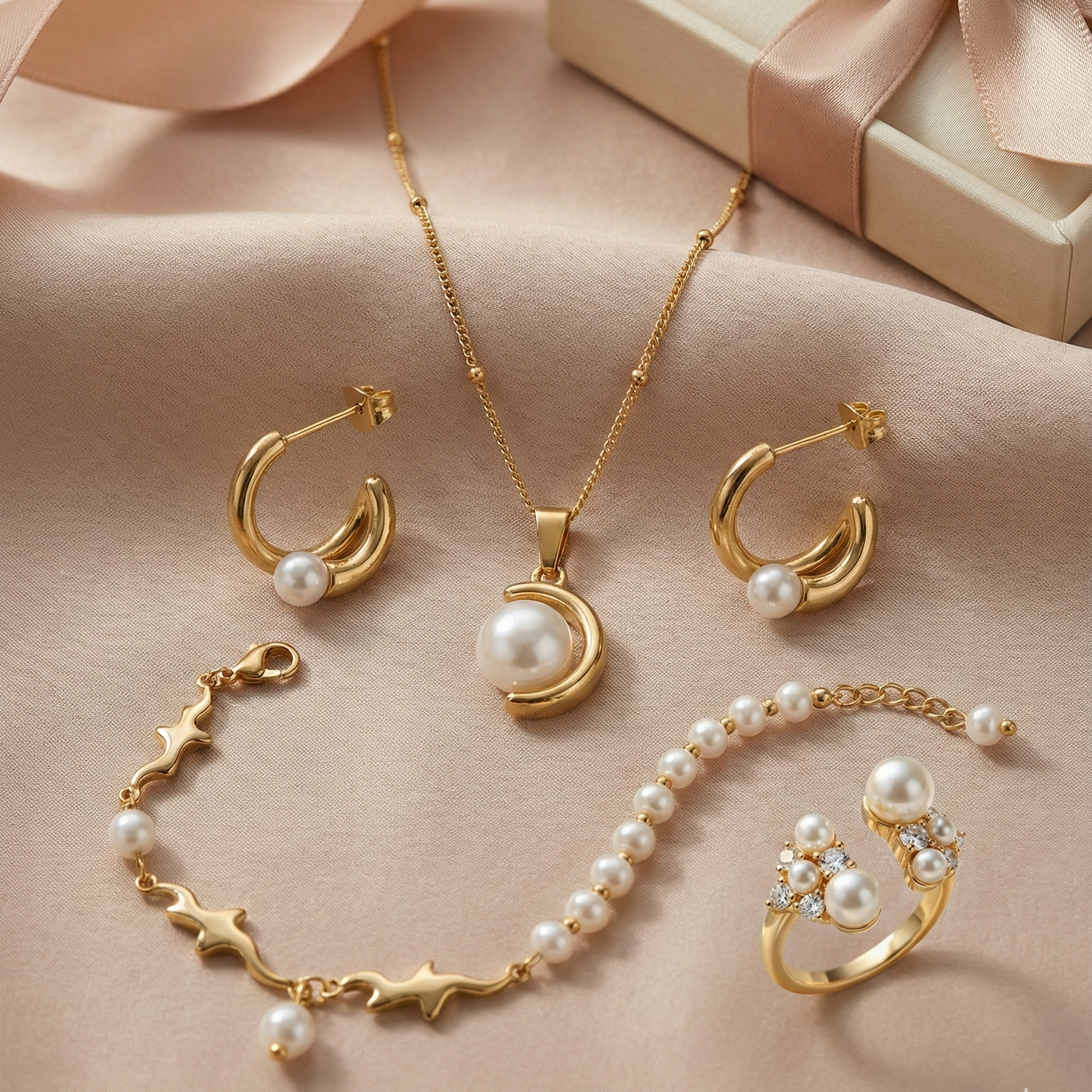 Pearl Grace Combo Set – Necklace, Earrings, Ring & Bracelet
