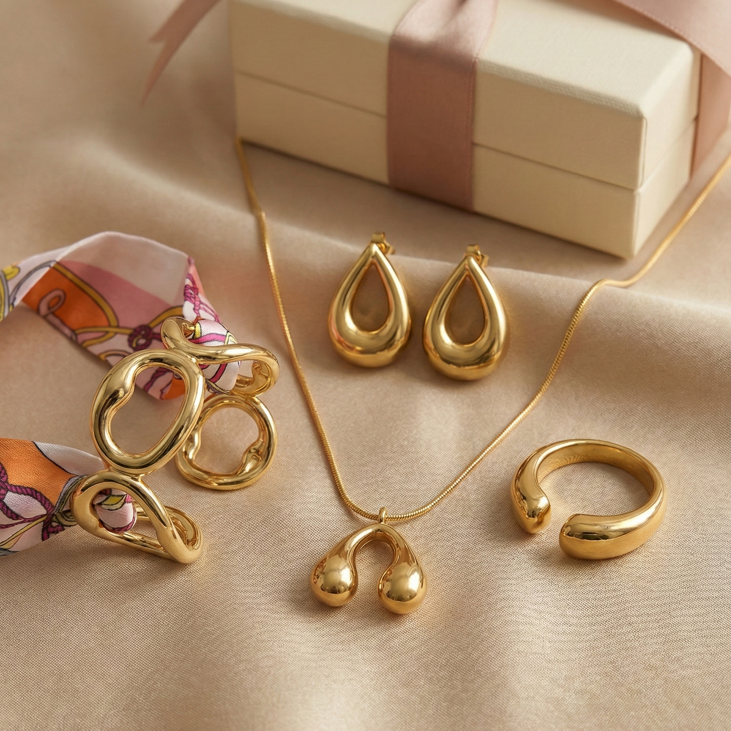 Bold Gold Statement Combo – Necklace, Ring, Earrings & Bracelet Set