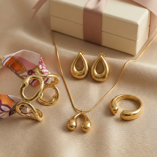 Bold Gold Statement Combo – Necklace, Ring, Earrings & Bracelet Set