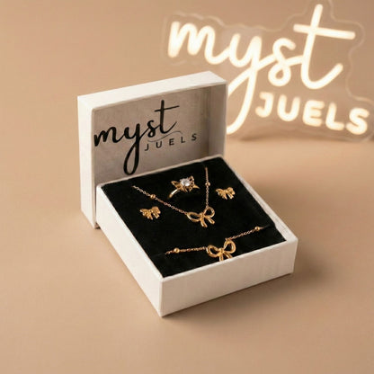 Myst Juels Bow charm Jewellery Set – Premium 4-Piece Gold Plated Combo
