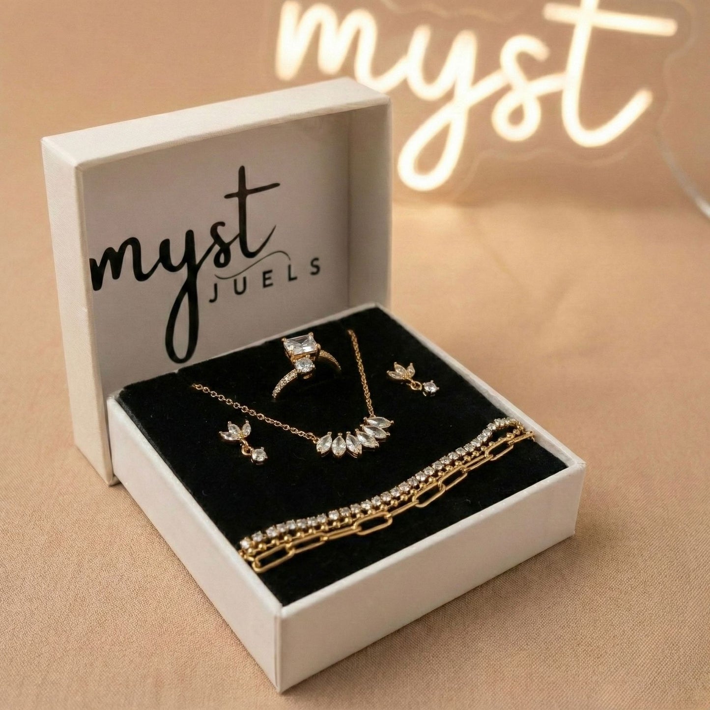 Myst Juels Crystal Grace Combo Set – Necklace, Ring, Earrings & Bracelet (4-Piece Set)