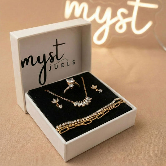 Myst Juels Crystal Grace Combo Set – Necklace, Ring, Earrings & Bracelet (4-Piece Set)