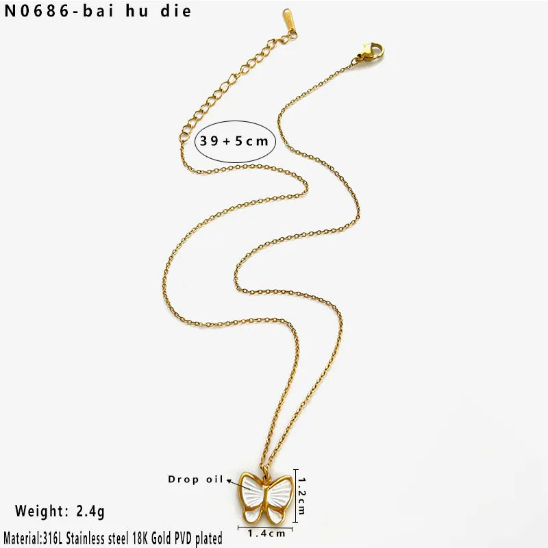 High-end butterfly white enamel gold plated necklace