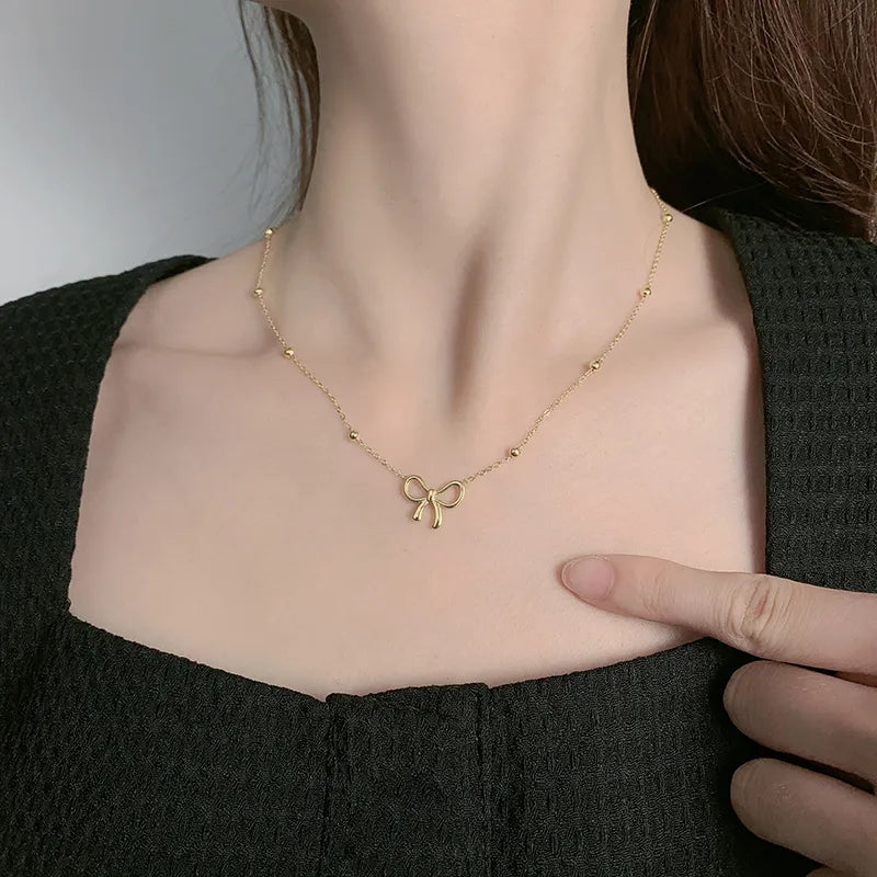 High-end bow stainless steel gold plated necklace
