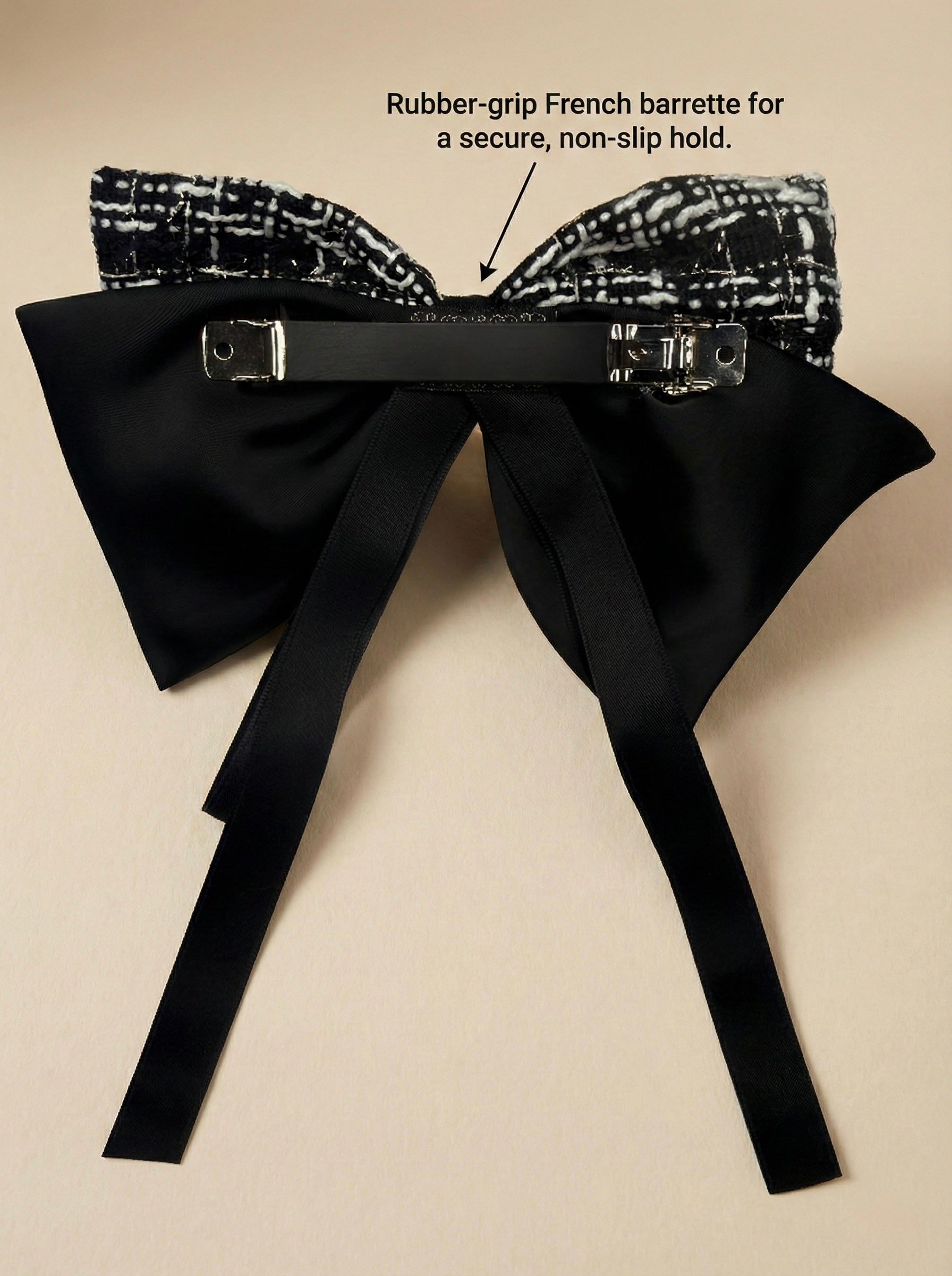Back view of hair bow showing rubber grip french barrette clip