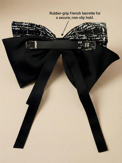 Back view of hair bow showing rubber grip french barrette clip