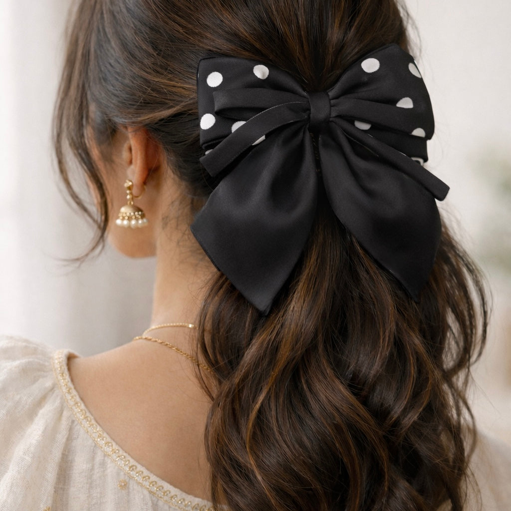 Black polka dot hair bow worn in half up hairstyle