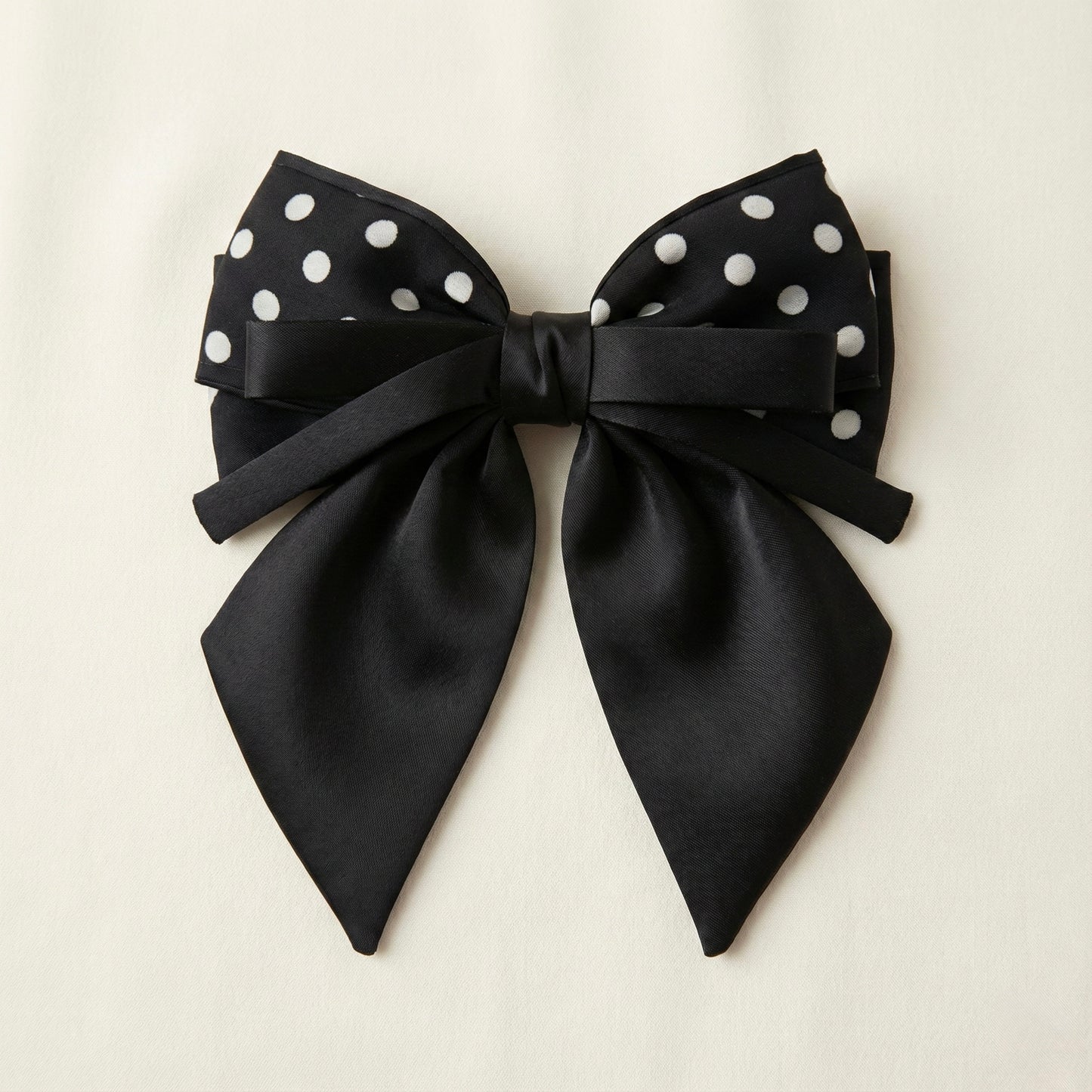 Black Polka Dot Satin Hair Bow with Rubber-Grip French Barrette