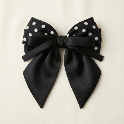 Black Polka Dot Satin Hair Bow with Rubber-Grip French Barrette