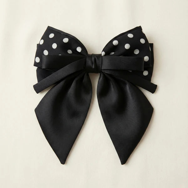Classic Noir Professional – Black Polka Satin Bow, Single Diamond Necklace & Aura Dual Dot Ring