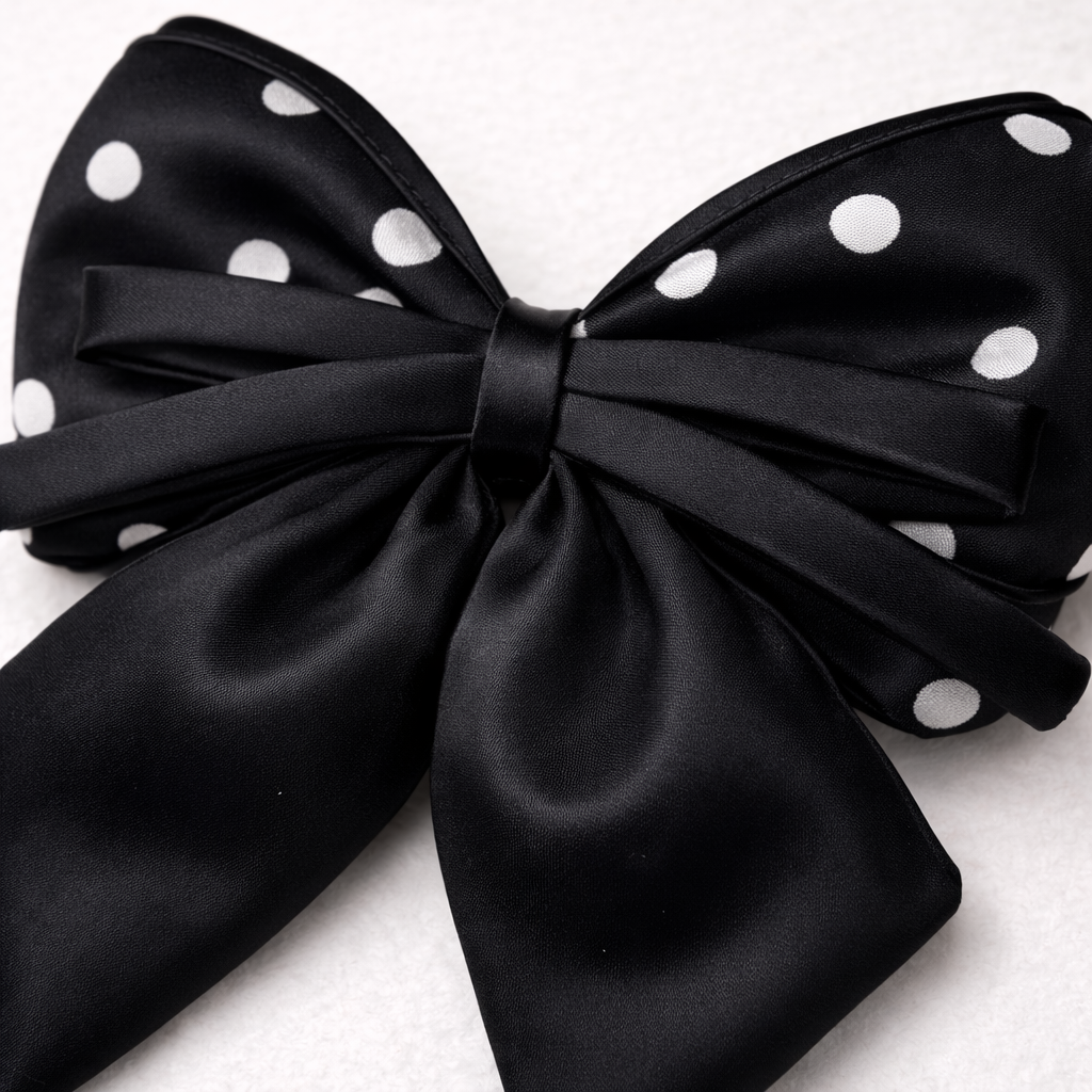 Close up detail of black satin hair bow with polka dots