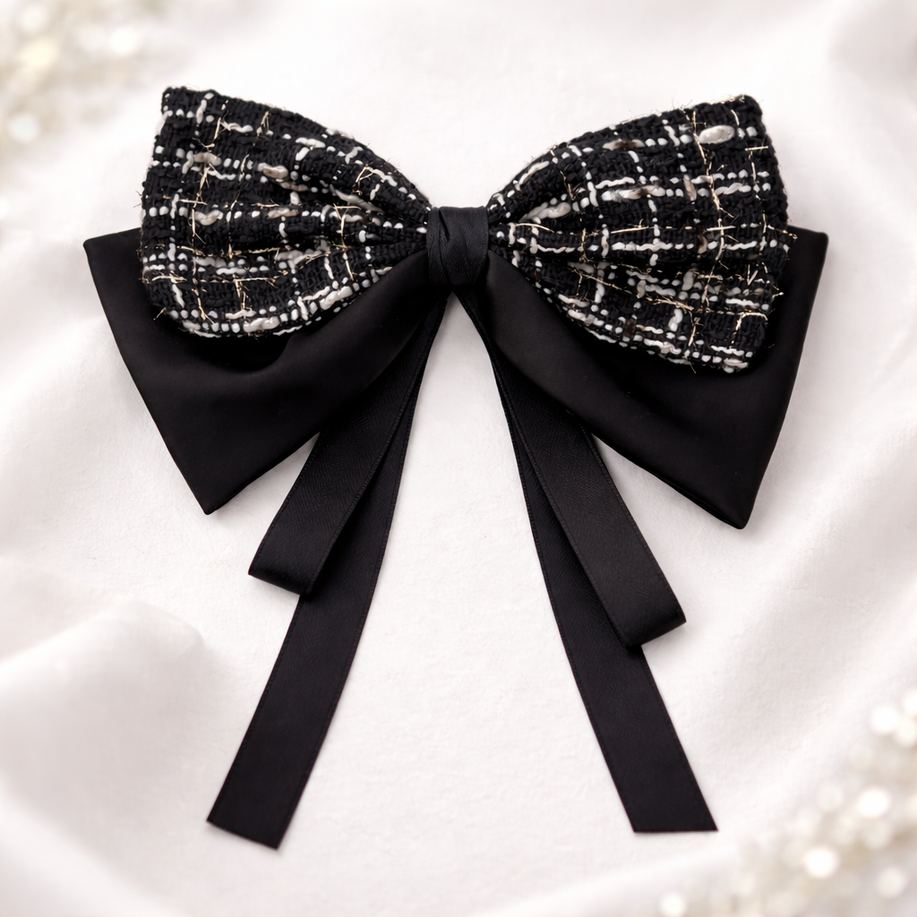 Large black and white checkered bow on a white background