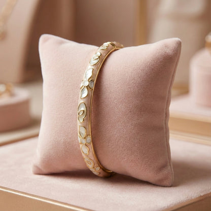 Blush Pink Enamel Floral Bangle with Mother-of-Pearl Inlay & Gold Outline