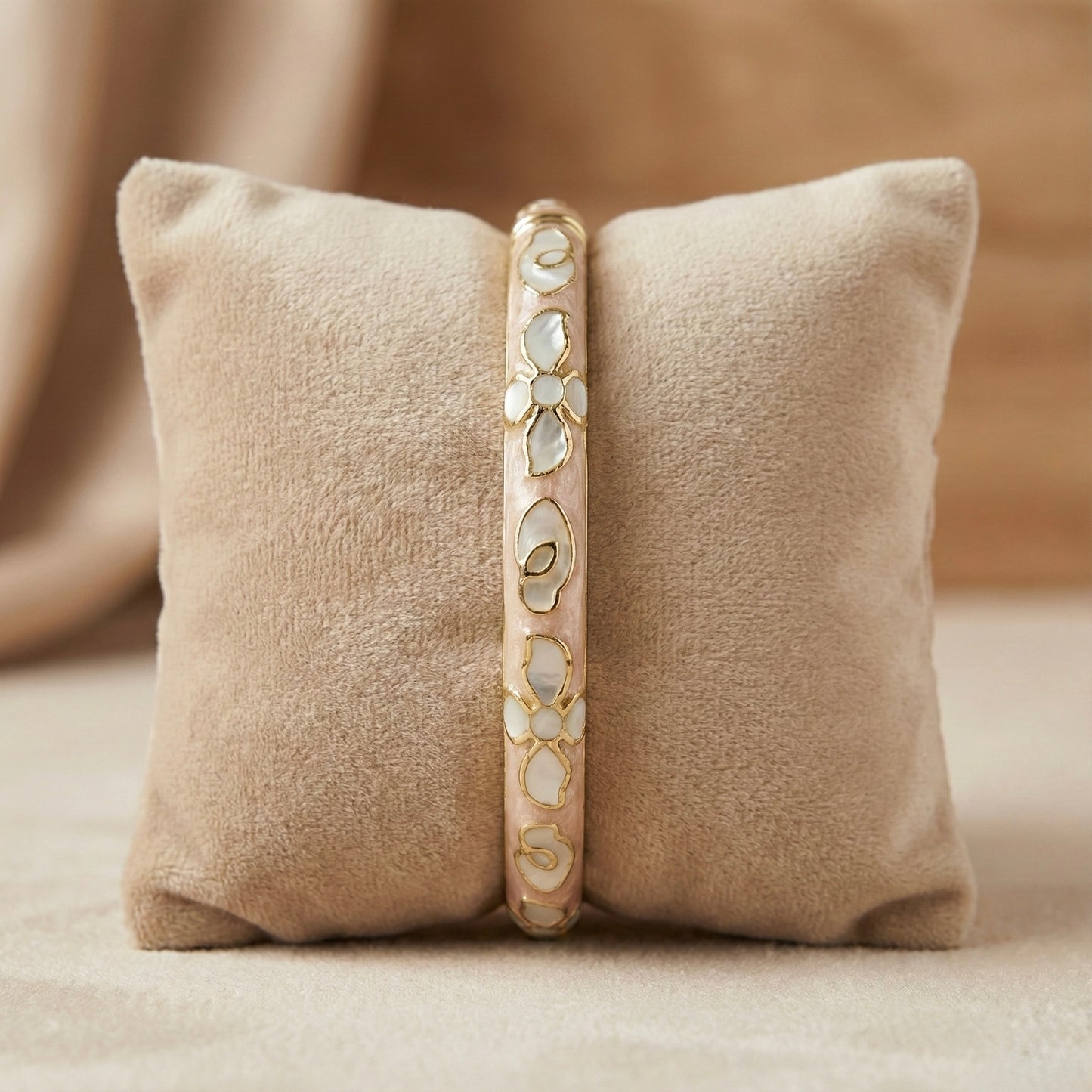 Blush Pink Enamel Floral Bangle with Mother-of-Pearl Inlay & Gold Outline