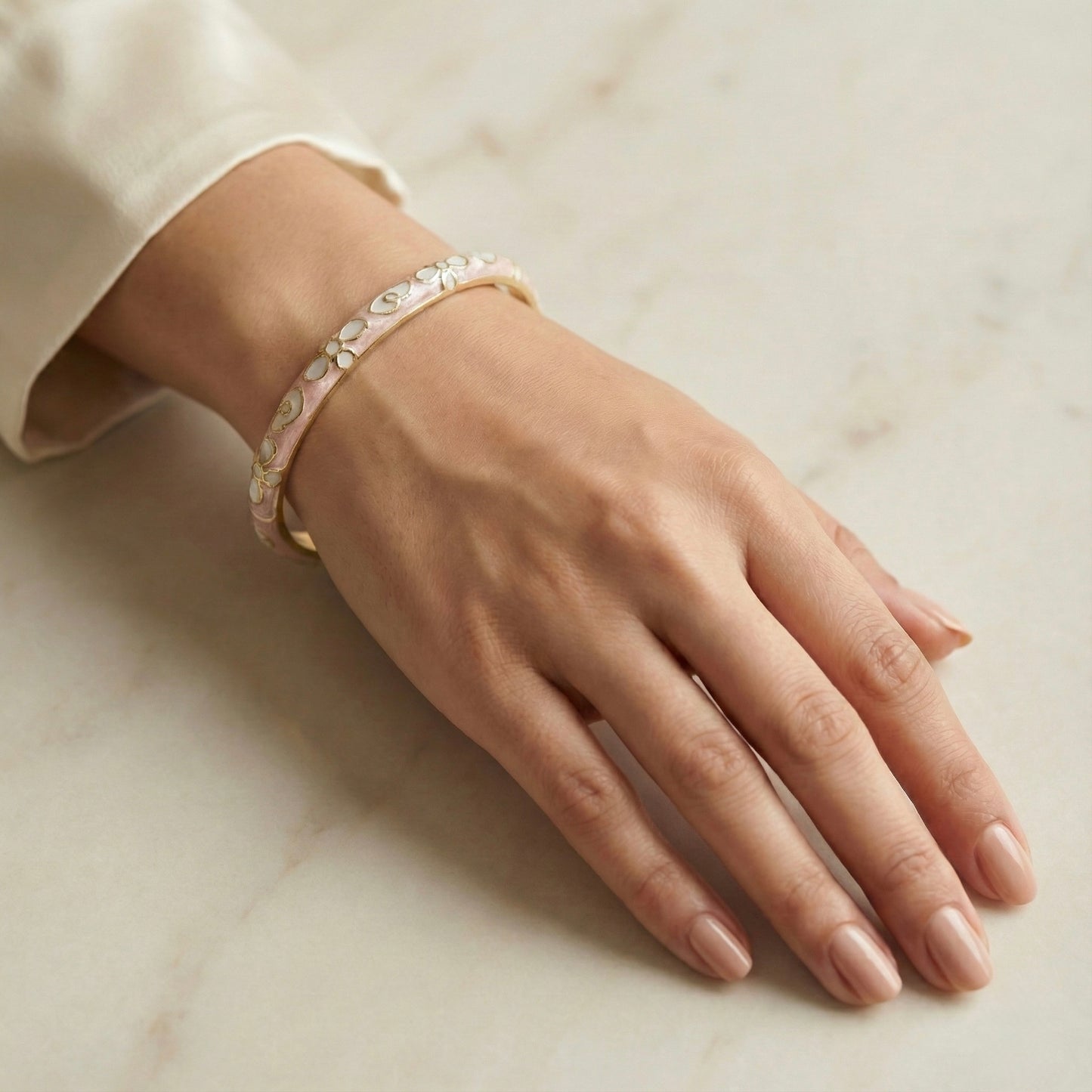 Blush Pink Enamel Floral Bangle with Mother-of-Pearl Inlay & Gold Outline