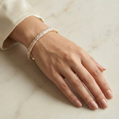 Blush Pink Enamel Floral Bangle with Mother-of-Pearl Inlay & Gold Outline